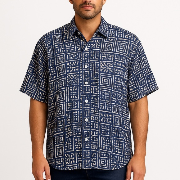Vintage Burma Bibas Men’s Size Large Blue/White Tribal Print 100% Silk Shirt - Picture 1 of 7